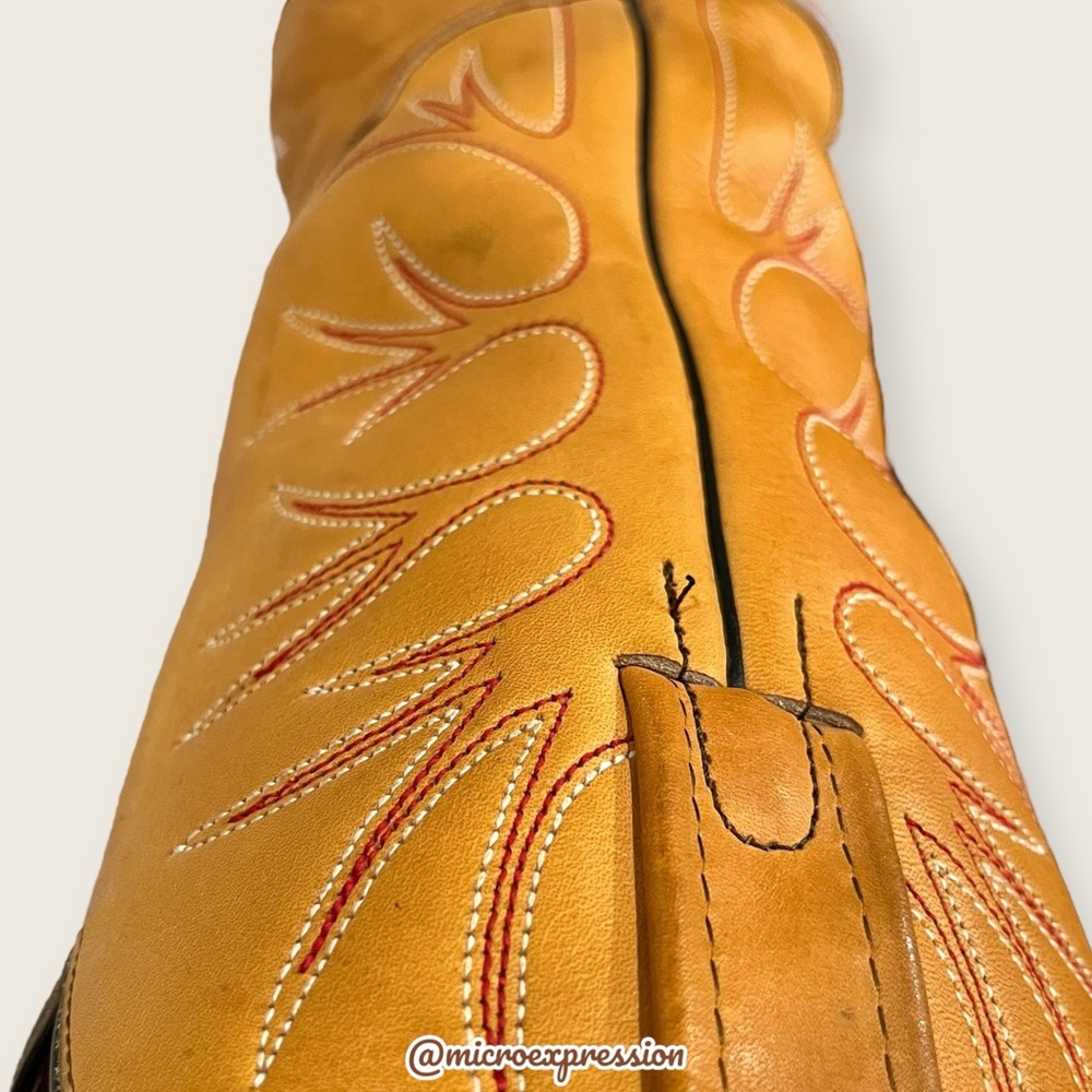 1980s VINTAGE Frye Fire/Flame Banana Yellow Tan Embroidered Cowboy Western Boot - Picture 10 of 13